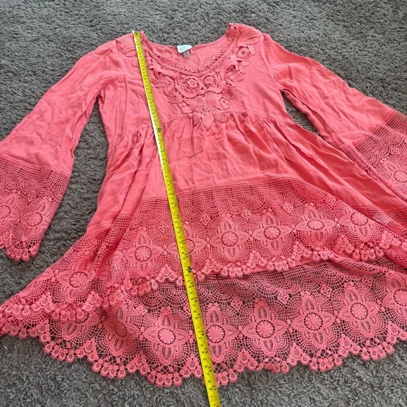 Cupio Red Salmon Crochet Tunic Blouse Lace Bell Sleeve Boho S - Picture 7 of 9